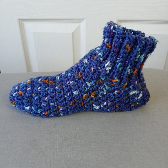 Navy Speckle Crochet Slipper Booties L premade full coverage warm socks - Picture 3 of 8